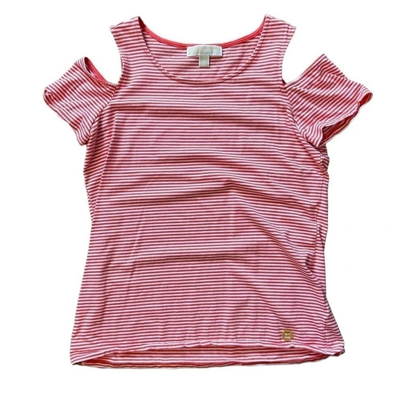 Michael Kors Cold Shoulder Top Women’s Medium Striped Coral EUC Short Sleeves - Picture 1 of 6